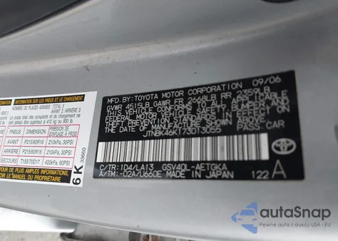 2007 Toyota Camry Xle V6 z USA, uszkodzony, nr VIN JTNBK46K173013055